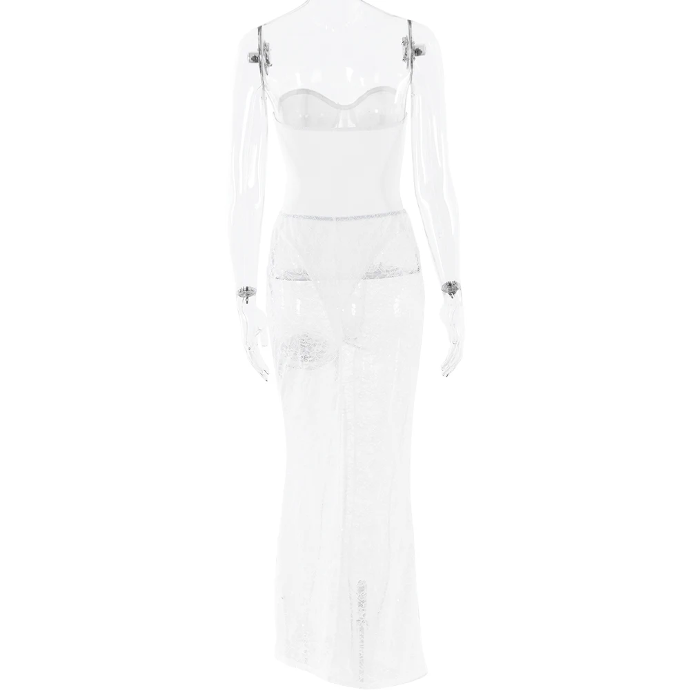 Ootddress Sexy Lace Patchwork Bodysuit Long Skirt Set Women Zipper Tight Top Split Half Skirt See Through Two-piece Fall New