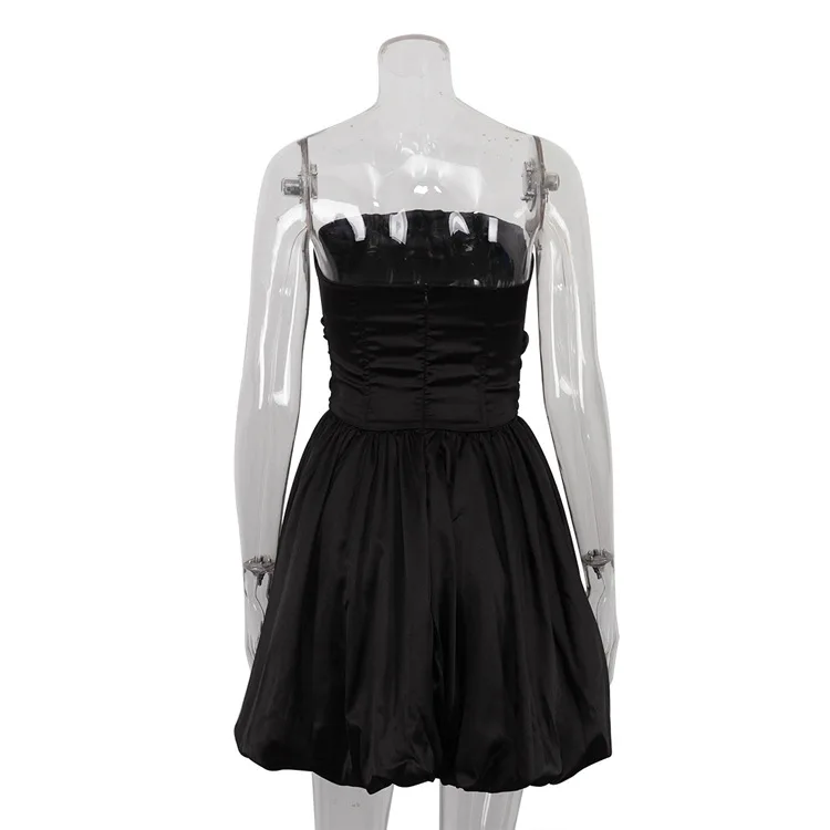 Ootddress Satin Strapless Pleated Mini Dress For Women Robe Off-shoulder Backless Sleeveless A-line Bodycon Sexy Dress Elegant
