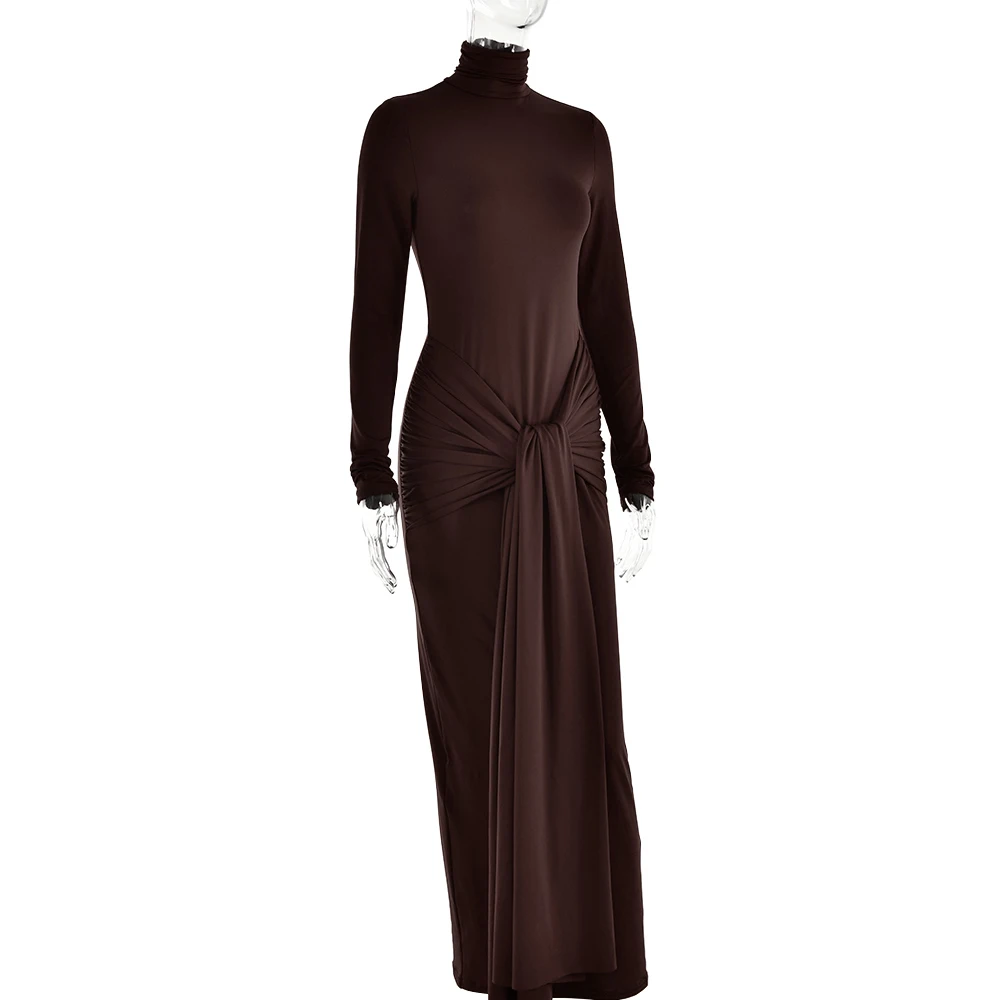 咖啡2.jpg Ootddress High Neck Long Sleeve Bodycon Dress For Women Tight Elastic Lace Up Maxi Long Dress Autumn New Party Club Vestidos