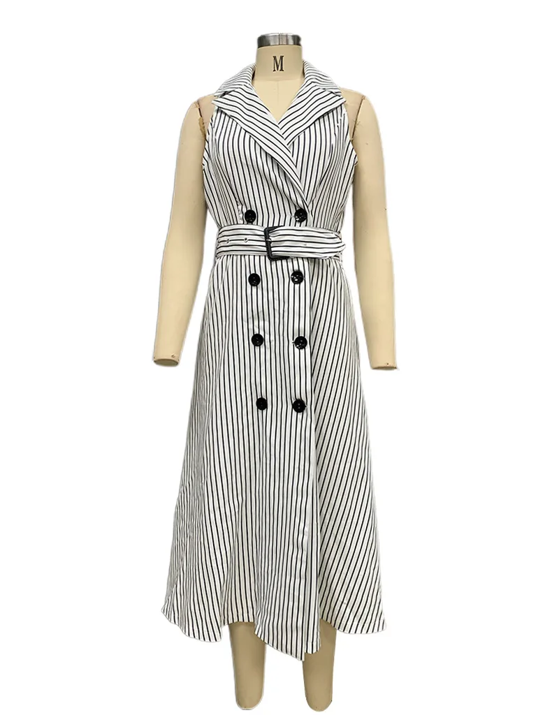 Temperament Stripe Sleeveless Suit Collar Dresses Women Belt Double Breasted A-line Dress Fashion Commuting Vestidos Female New 10 undefined