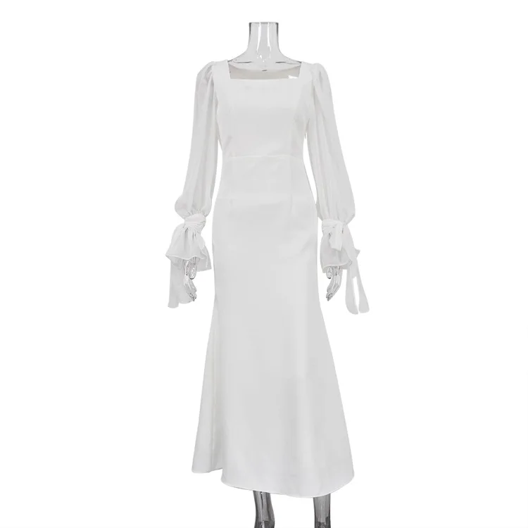 Ootddress White Ruffled Mesh Maxi Dress - High Waist Elegant Patchwork Slim Party Lace-Up Long Dress