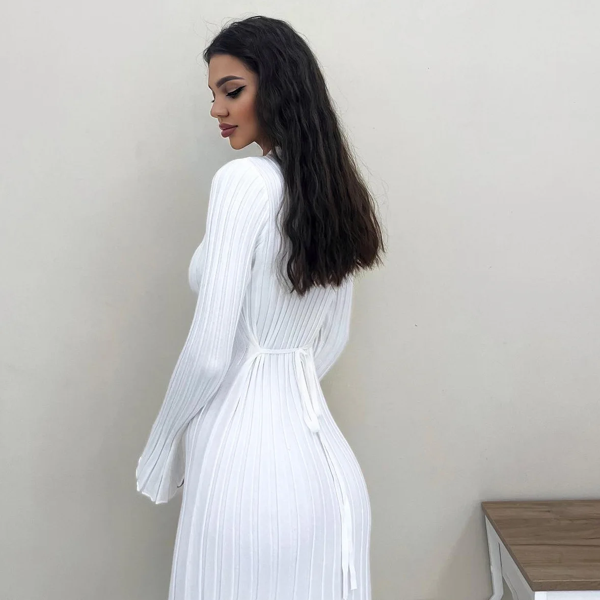 Ootddress Black Autumn Knitwear Maxi Dress Women's Ribbed Loose Patchwork Fashion High Waist Solid Dress Femal Bodycon Knit Dress