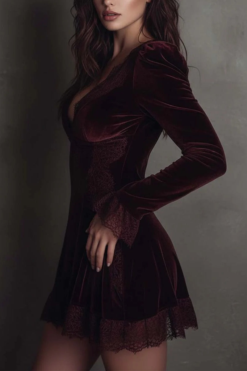 Red Velvet Lace Trim Mini Dress
