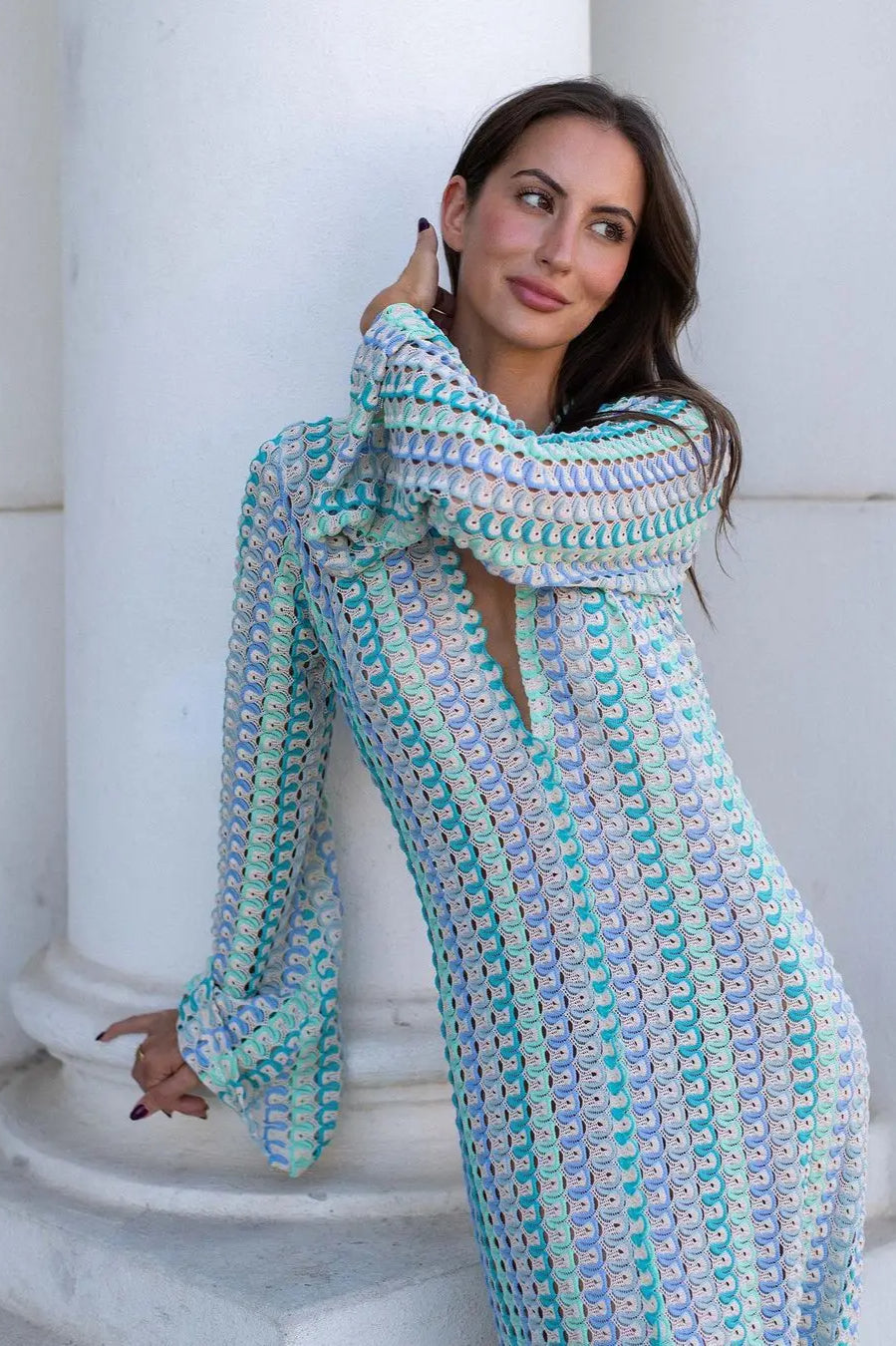 Deep V-Neck Bell Sleeve Geometric Crochet Knit Front Slit Maxi Dress