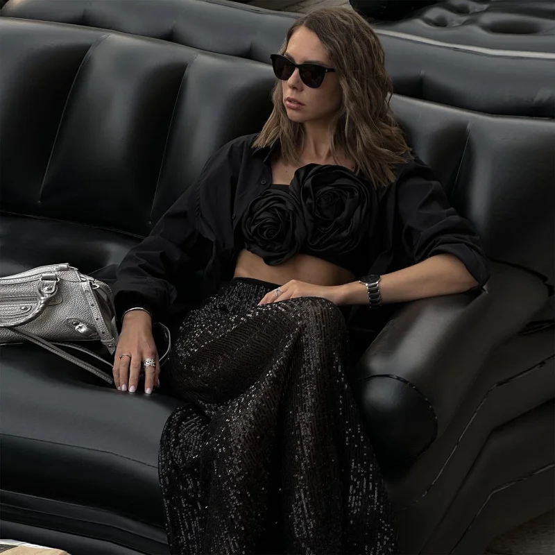 Ootddress Sequins Loose Dress Sets Women Long Sleeve Crop Tops High Waist Sexy Maxi Skirts Ladies Two Piece Suits Womens Outifits