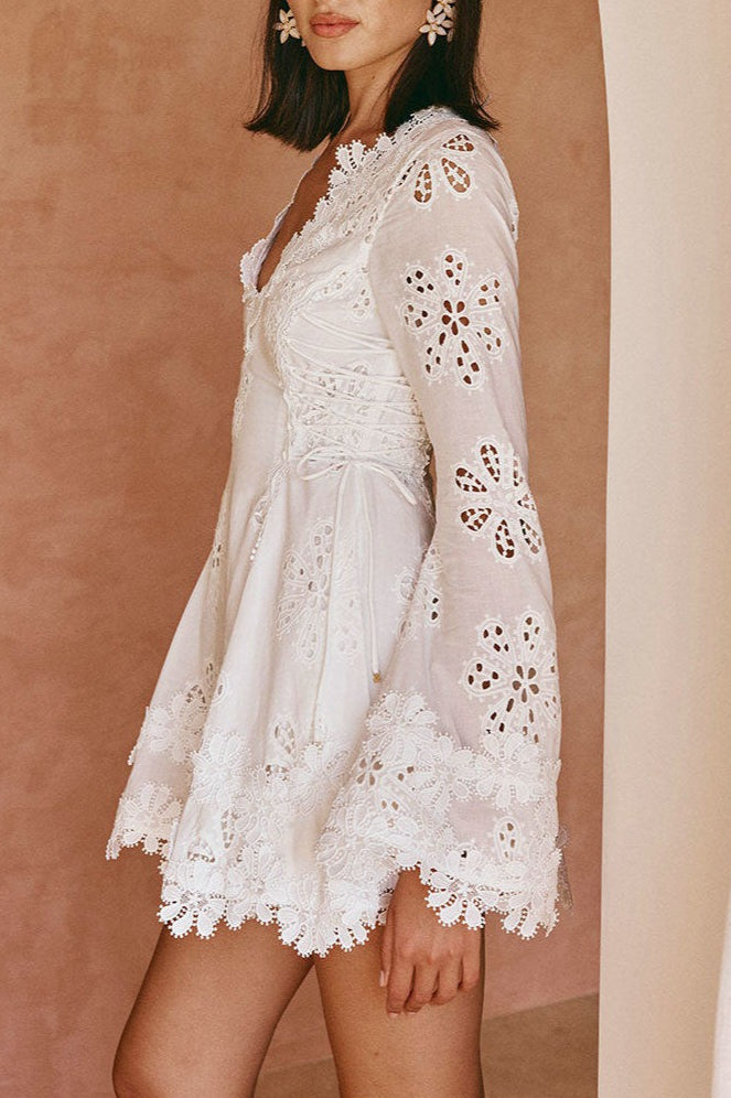 Floral Eyelet Scalloped Lace Deep V Tie Waist Bell Cuff Mini Dress