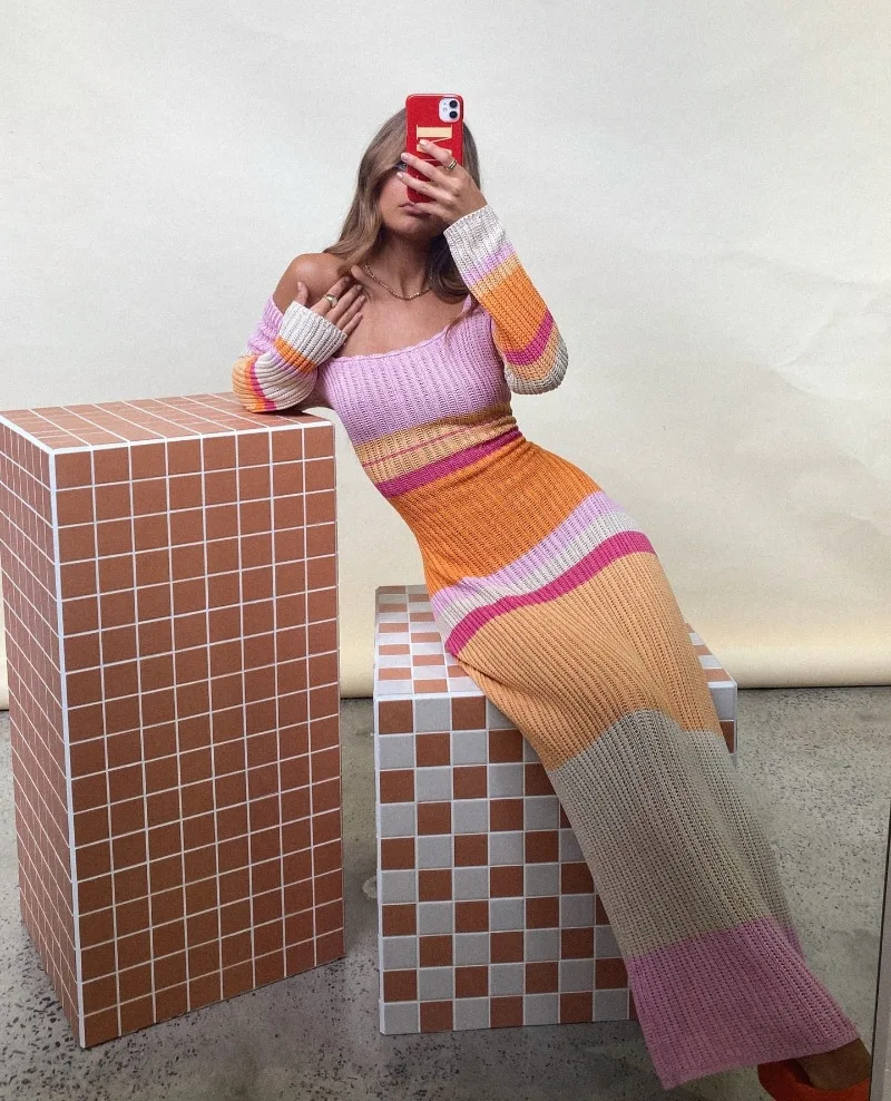 Ootddress Hollow Out Knitwear Striped Maxi Dress For Women Contrast High Waist Long Sleeve Elegant Holiday Autumn Long Dress Female 12 Ootddress Hollow Out Knitwear Striped Maxi Dress For Women Contrast High Waist Long Sleeve Elegant Holiday Autumn Long Dress Female