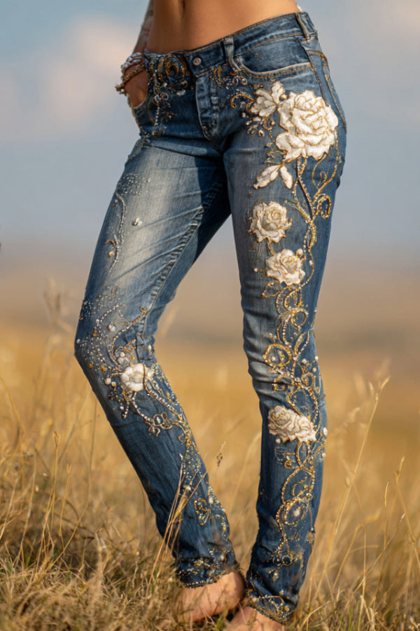 3D Floral Print Pocket Casual Jeans