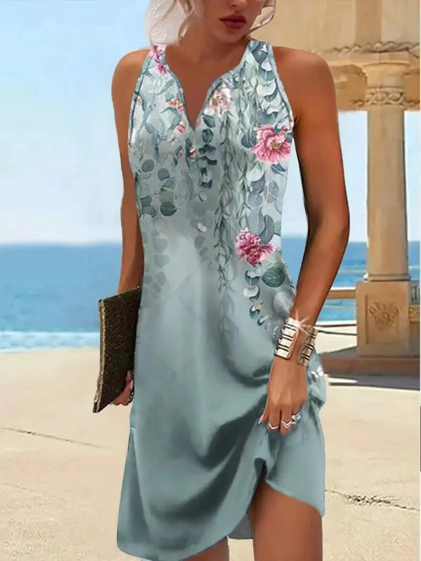 Vintage Flower Print Mini Dresses Women Summer New Fashion Casual V-neck A-line Sleeveless Dress Vestido Lady Commuting Clothing 11 6d5cf12e8df8fe974e717bfb03b064