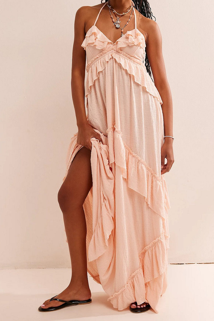 Halter Back Tie Tiered Ruffle Maxi Skirt Two Piece Set