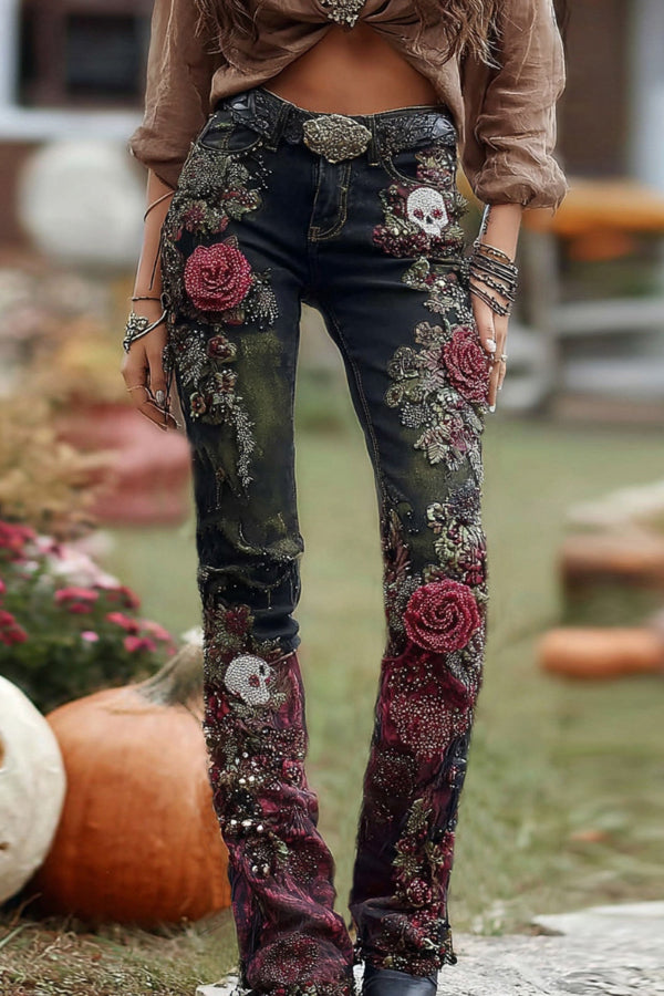 3D Floral Print Pocket Casual Jeans