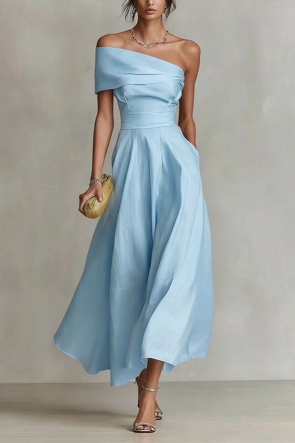 Chic One-Shoulder A-Line Midi Dress with Pockets