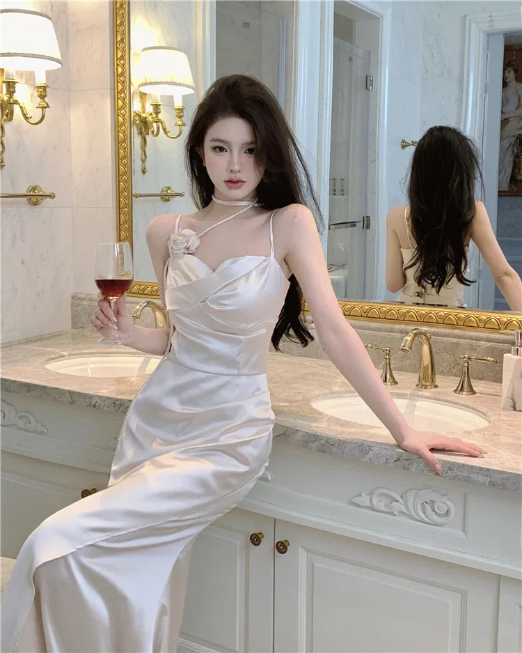 Elegant Solid Satin Midi Dress Women Spaghetti Strap Bodycon 3D Flower High Waist Slim Evening Party One Piece Lady Vestidos