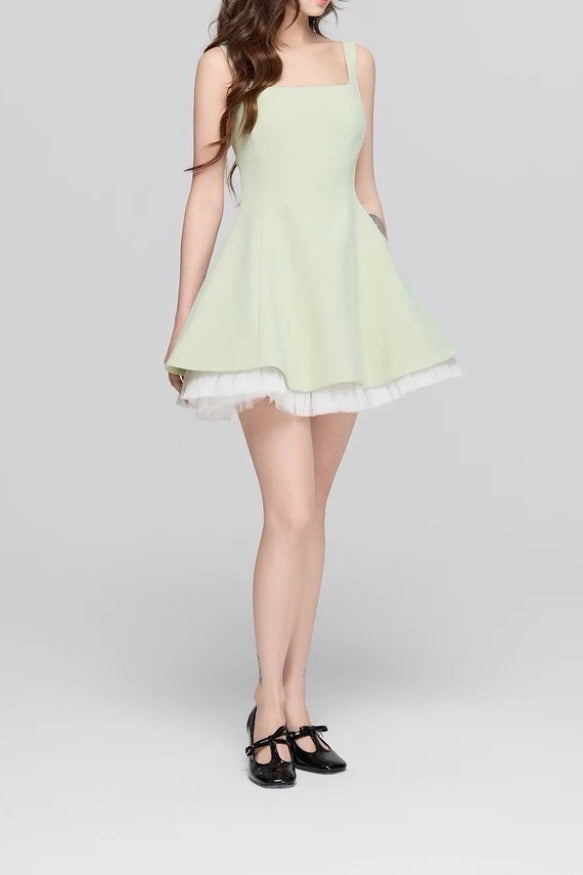 Square Neck Mesh Panel Mini Dress