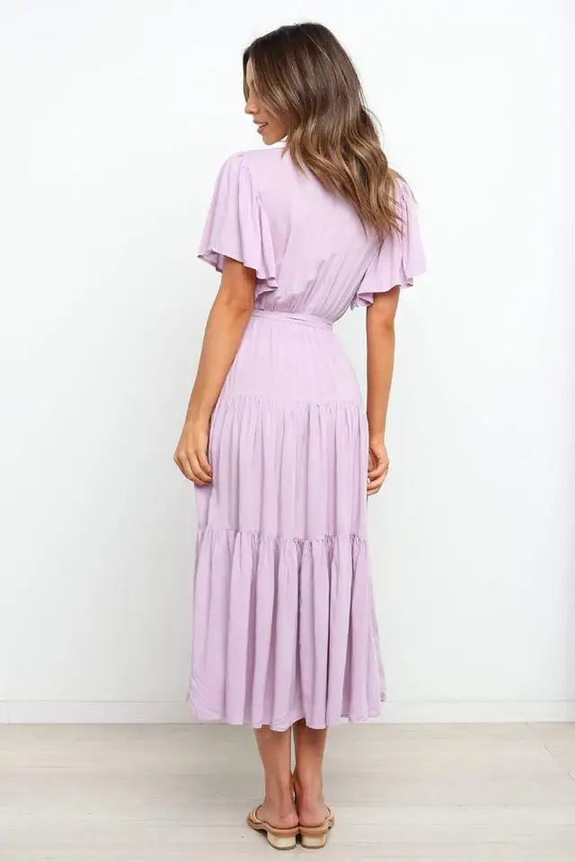 Trendy Solid Color Ruffles Long Dresses Women Sexy V-neck Ruffle Sleeves Leace-up Temperament Elegant Lady Dress 2025 Summer New 36 undefined