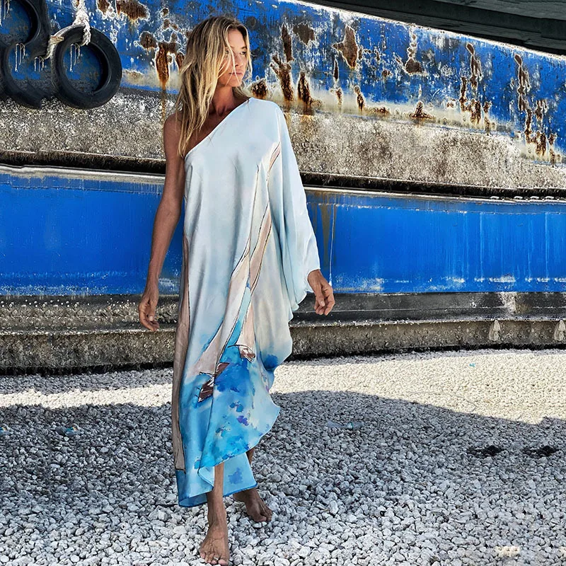 Color Butterfly Print One Shoulder Sleeve Dresses Women Sexy Off Shoulder Loose Beach Vacation Irregular Long Dress Streetwear 16 undefined