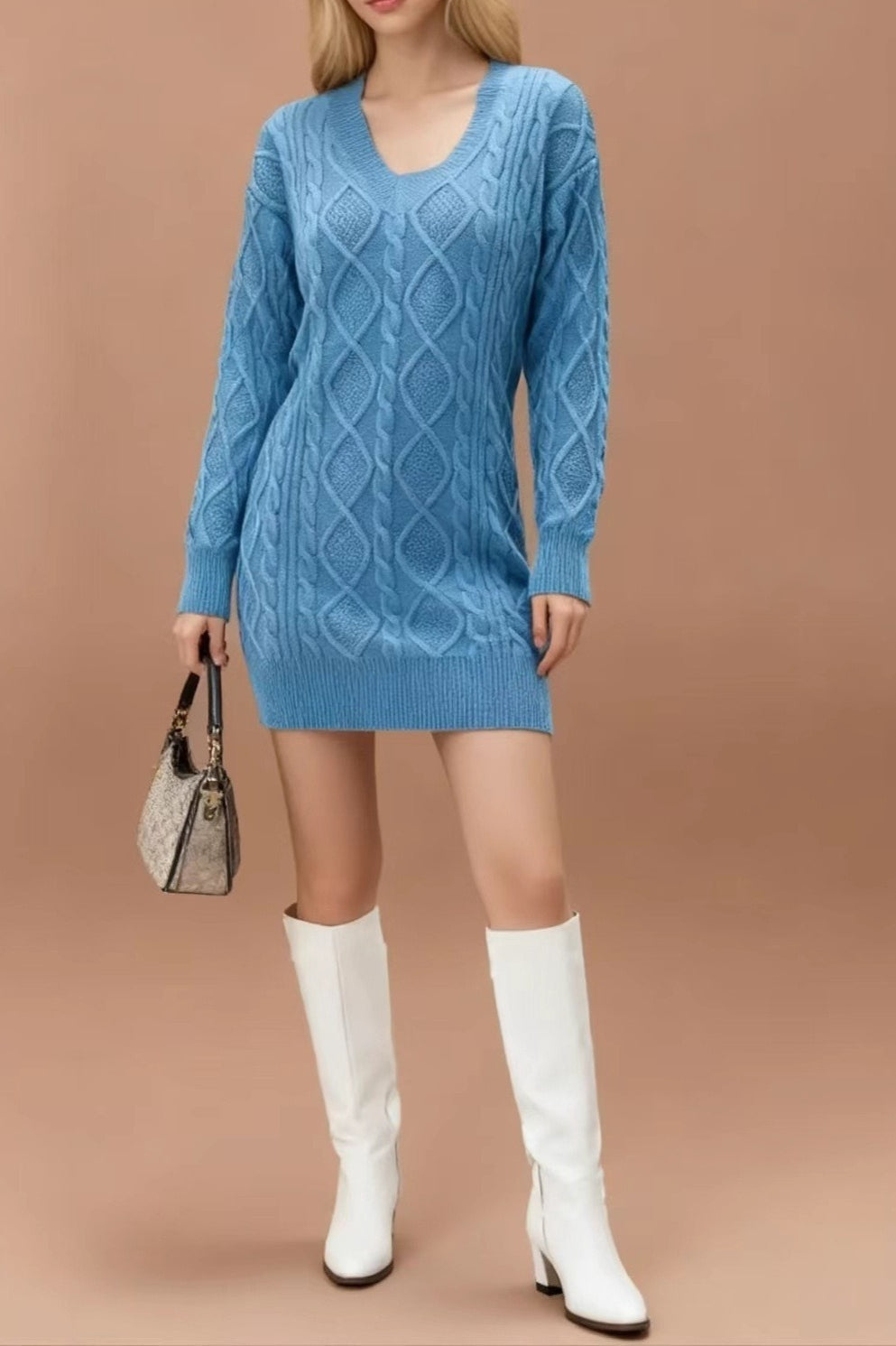 Cable Knit Diamond Pattern V-Neck Long Sleeve Sweater Mini Dress