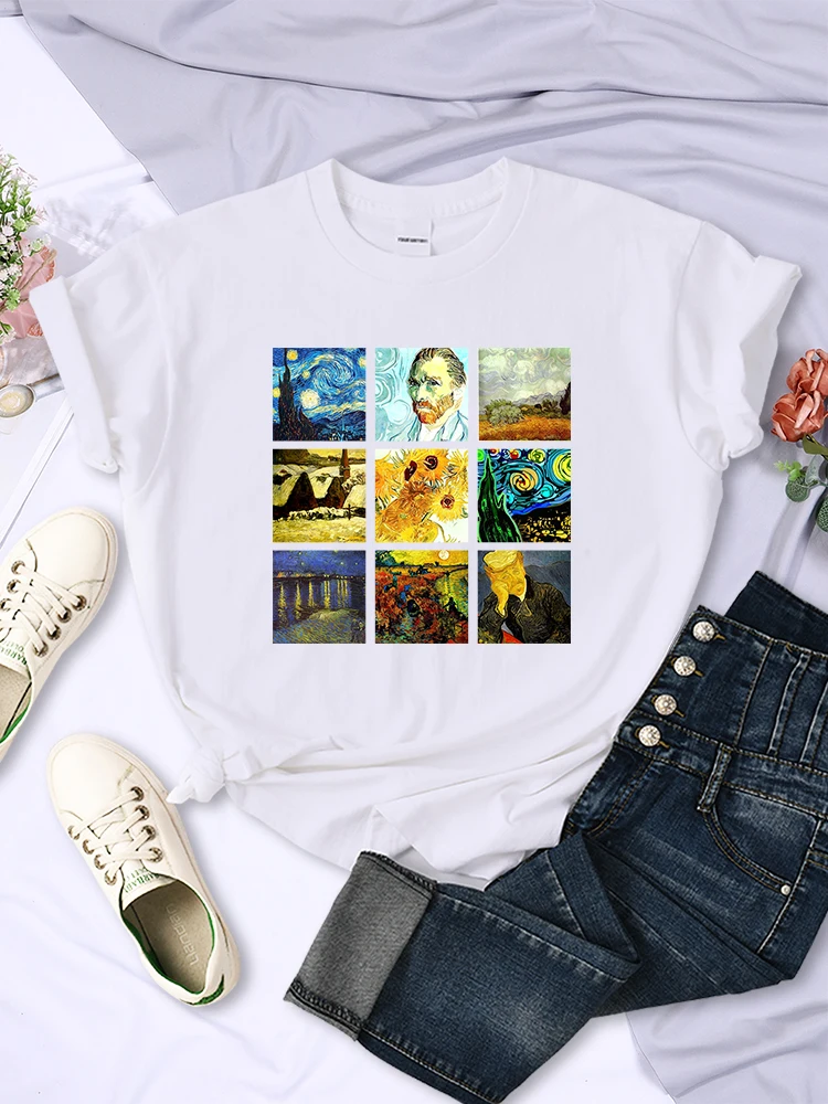 Van Gogh Works Sanskrit Printed Female Tops Breathable Casual T Shirts Fashion Summer Short Sleeve Women Crewneck Street Tshirt