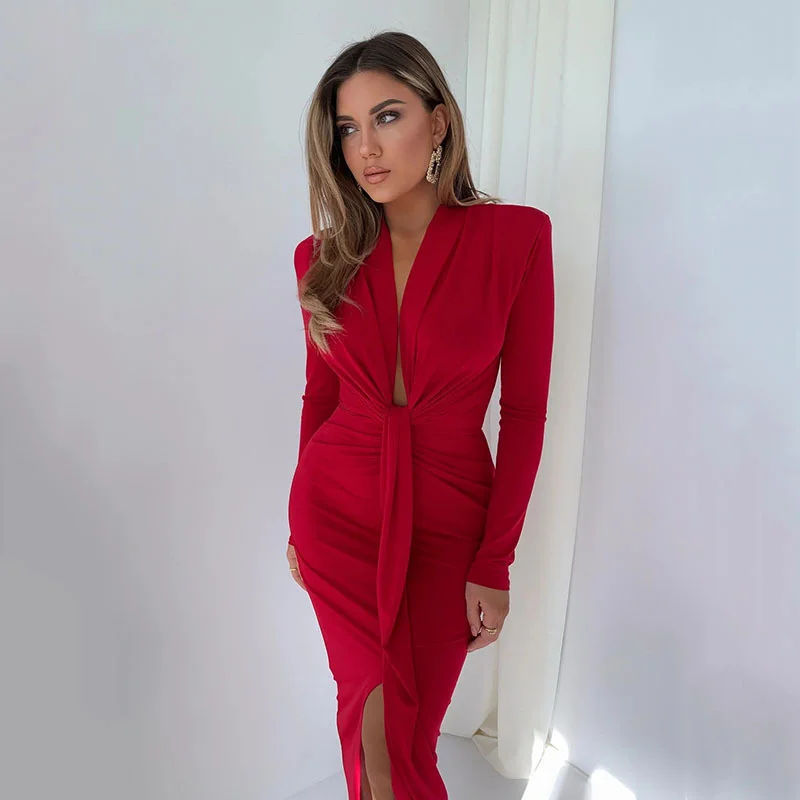 Ootddress Elegant Deep V Neck Full Sleeve Long Dress For Women Robe Fashion Autumn New Irregular Ruched Bodycon Midi Dress