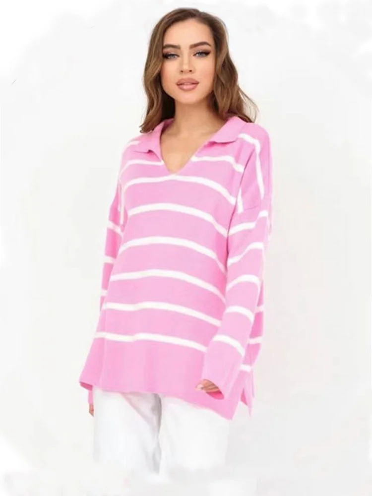 Ootddress V-Neck Knit Casual Pullover For Women Striped Slim Long Sleeve Contrast Loose Sweater High Street Knitwear Pullover Top