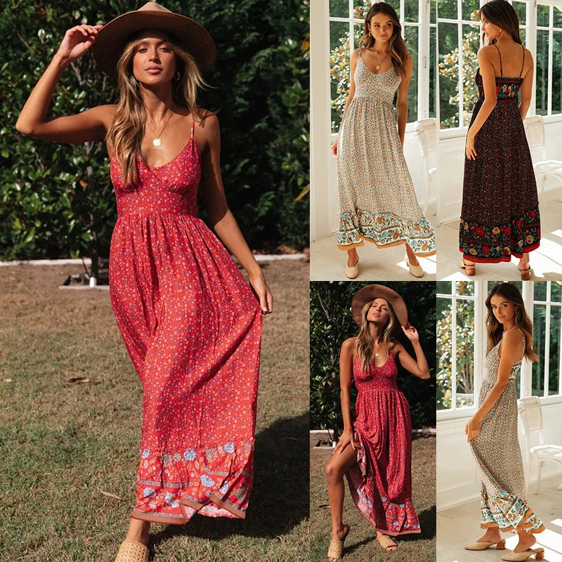 Bohemian Floral Spaghetti Strap Dresses Women Sexy V-neck Backless Casual Beach Vacation Long Dress Female Vestidos Summer New 16 undefined
