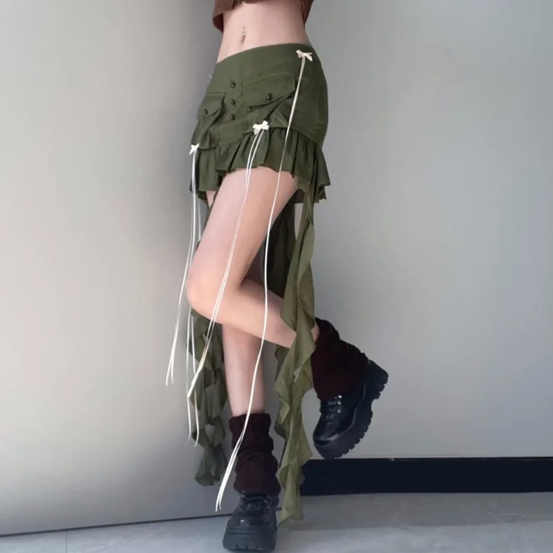 Ootddress Splice Folds Mini Skirt For Women Pocket High Waist Bnadage Skirts Womens 2025 Party Casual Lace Up Slim Skirts Ladies