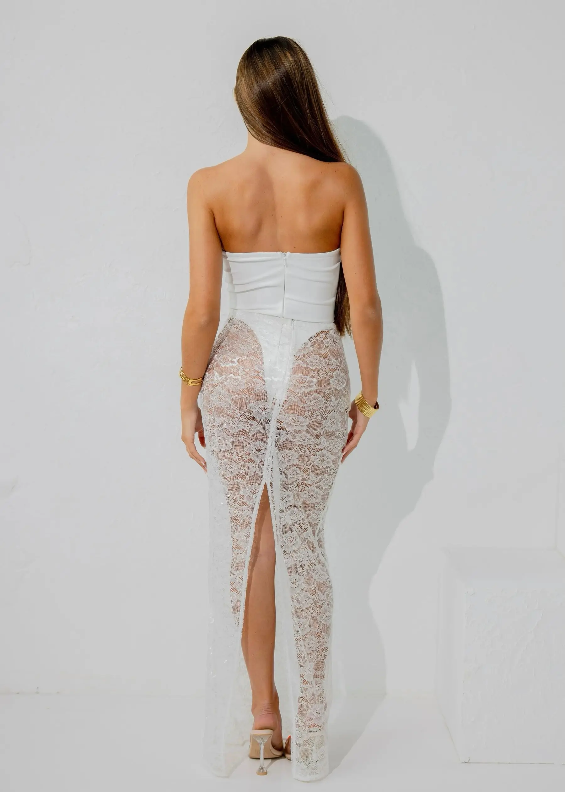 Ootddress Sexy Lace Patchwork Bodysuit Long Skirt Set Women Zipper Tight Top Split Half Skirt See Through Two-piece Fall New