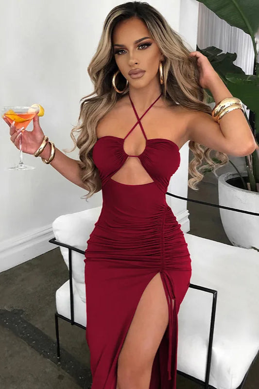 Halter Crossover Cutout Midriff Ruched Drawstring Side Slit Bodycon Midi Dress