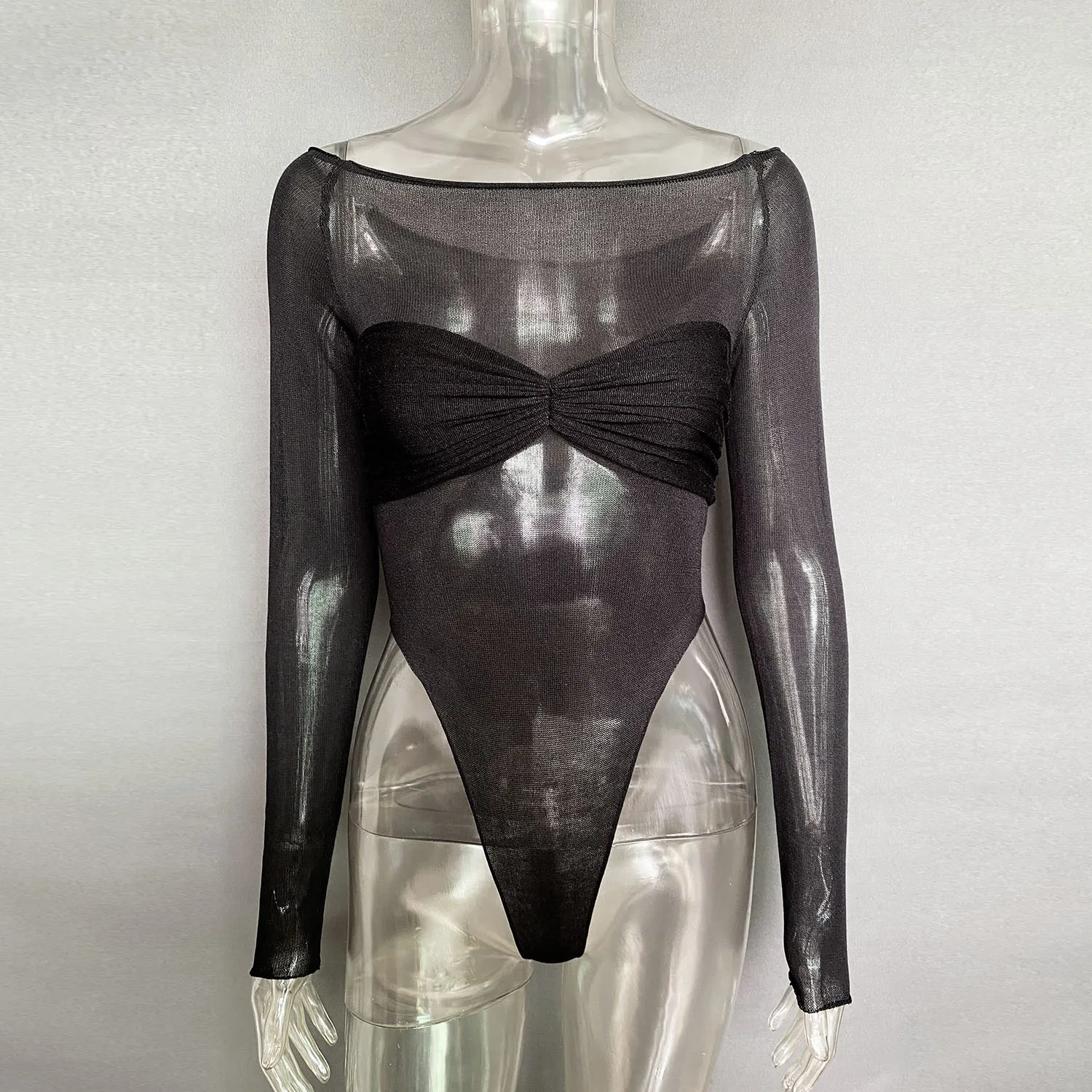 Ootddress Off Shoulder Knit Sheer Tops For Women Summer White Lace Twist T-Shirt Femme Long Sleeve Mesh Tops See-Through Knitted