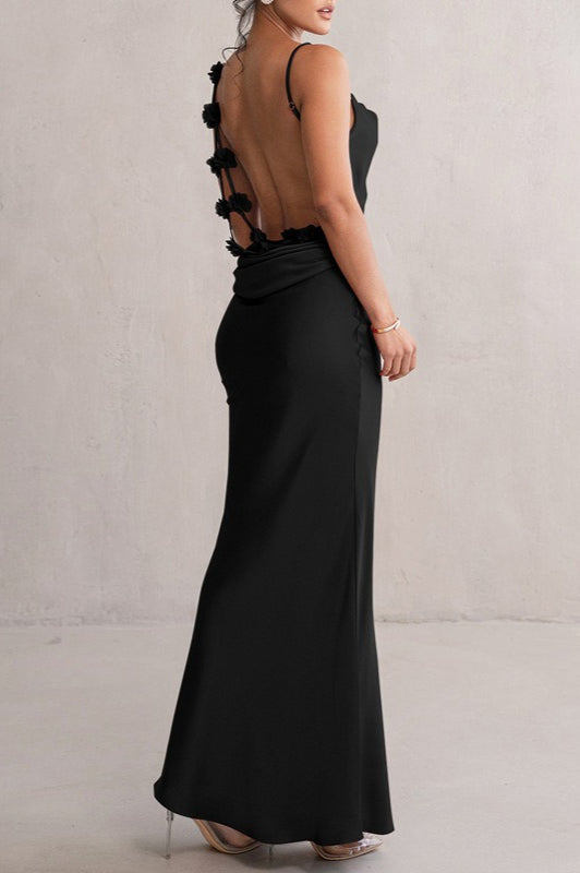 Satin Cowl Neck Spaghetti Strap Bodycon Maxi Dress