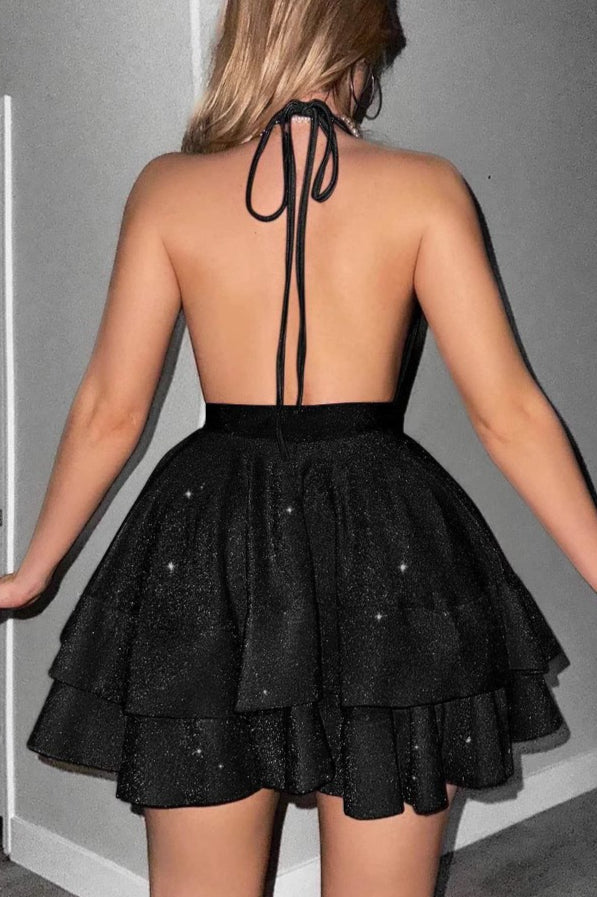 Halter Deep V Glitter Tiered Ruffle Waistband Mini Dress