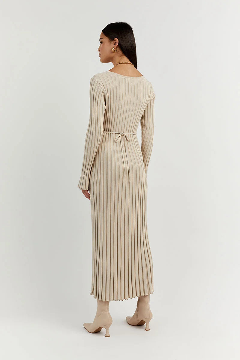 Rib Knit V-Neck Lettuce Edge Cuff Bodycon Maxi Dress