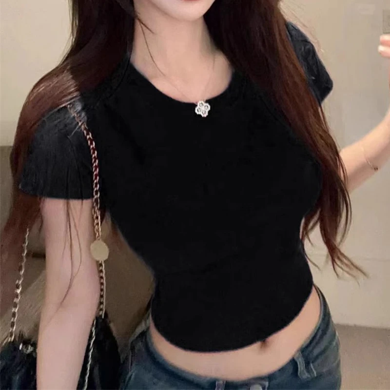 Fashion Women T-shirt Short Sleeve O Neck Solid Slim Fit Ladies Crop Top Butterfly Hollow Backless for Casual Tops Summer 2025 7 Fashion Women T-shirt Short Sleeve O Neck Solid Slim Fit Ladies Crop Top Butterfly Hollow Backless for Casual Tops Summer 2025