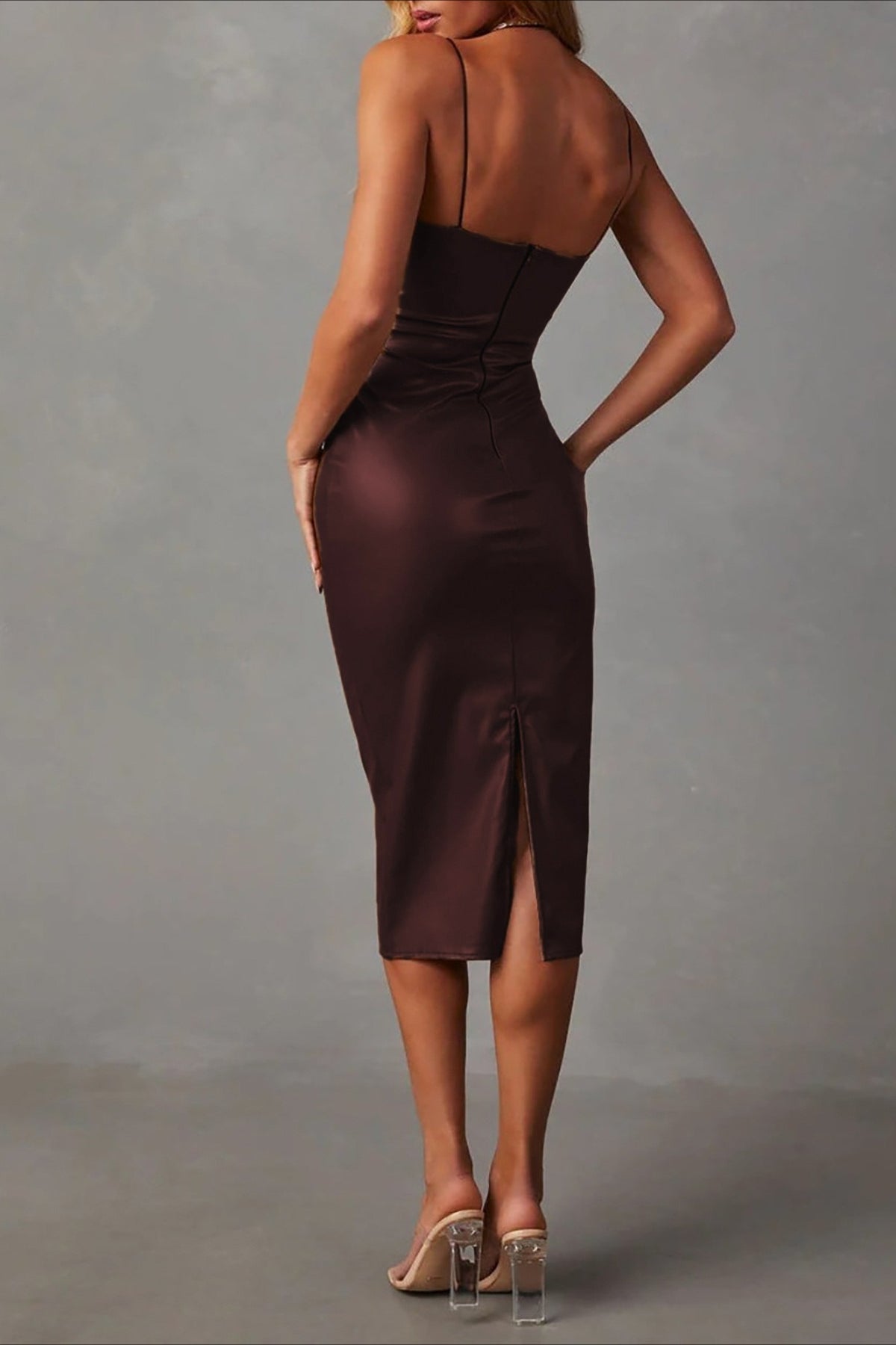 Faux Leather Square Neck Spaghetti Strap Side Ruched Bodycon Midi Dress