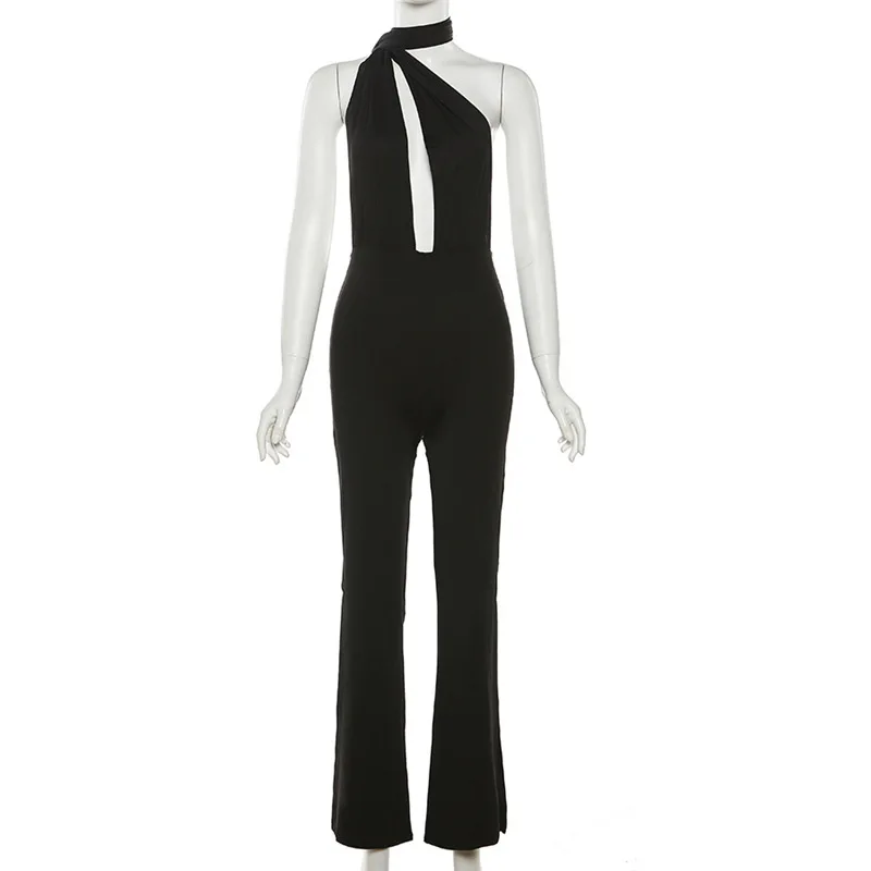 Ootddress Lace Up Backless Jump Suits For Women Sexy Slim Bodycon One Piece Jusmpuit Femme Side Split Hollow Out Jumpsuits Ladies