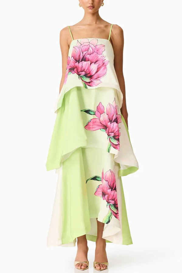 Elisia Satin Color Block Flower Print Tiered Slip Square Neck A-line Maxi Dress