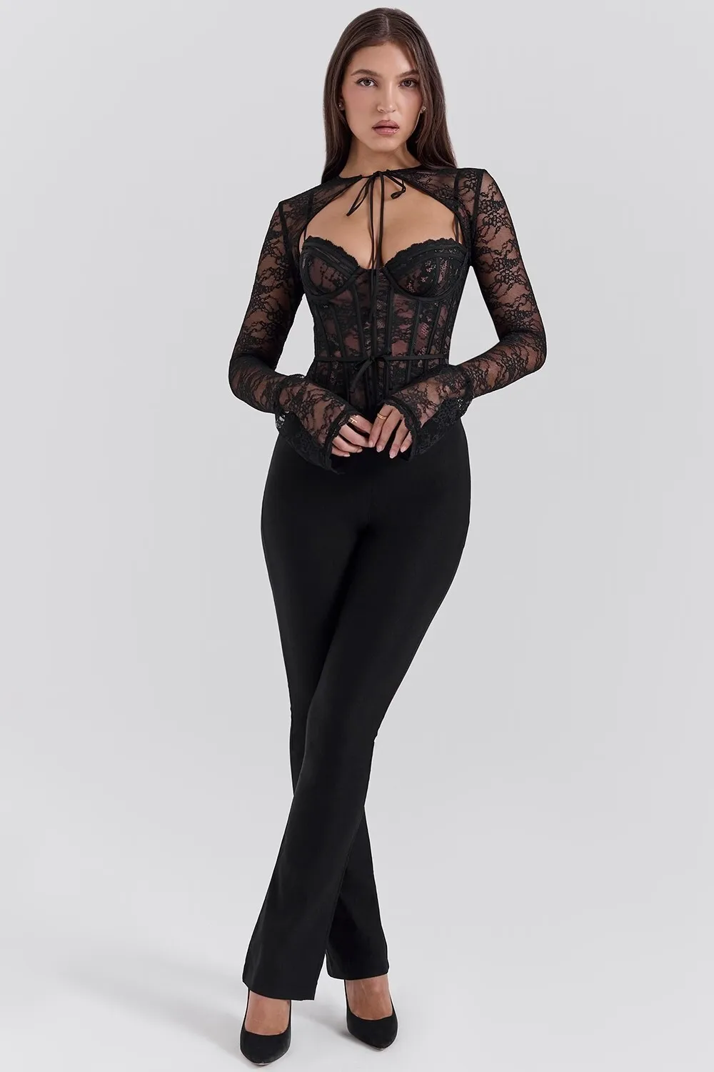 Ootddress Elegant Lace Printed Patchwork Long Sleeve Hollow Out Women Top Set Sexy Perspective Fishbone Tight Strap Up 2025 Set