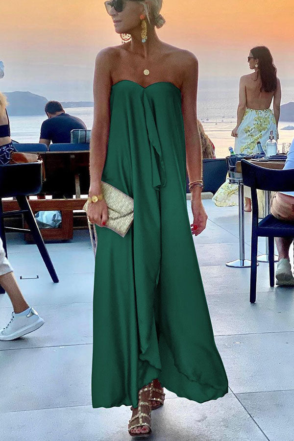 Satin Strapless Ruffle Panel Floor Length Maxi Gown