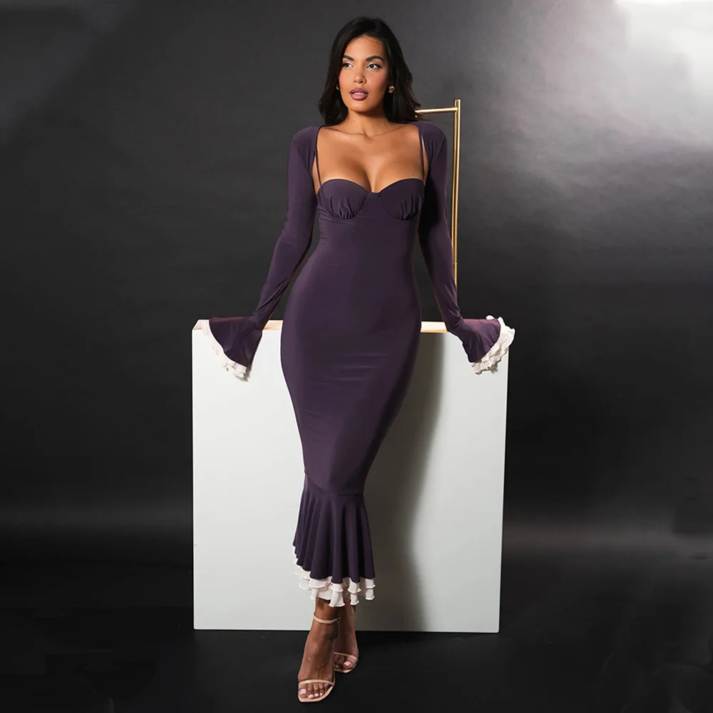 Ootddress Elegant Long Flared Sleeve Elastic Tight Women Two-piece Set Autumn/Winter New 2025 Sexy Party Club Evening Dress 14 Ootddress Elegant Long Flared Sleeve Elastic Tight Women Two-piece Set Autumn/Winter New 2025 Sexy Party Club Evening Dress
