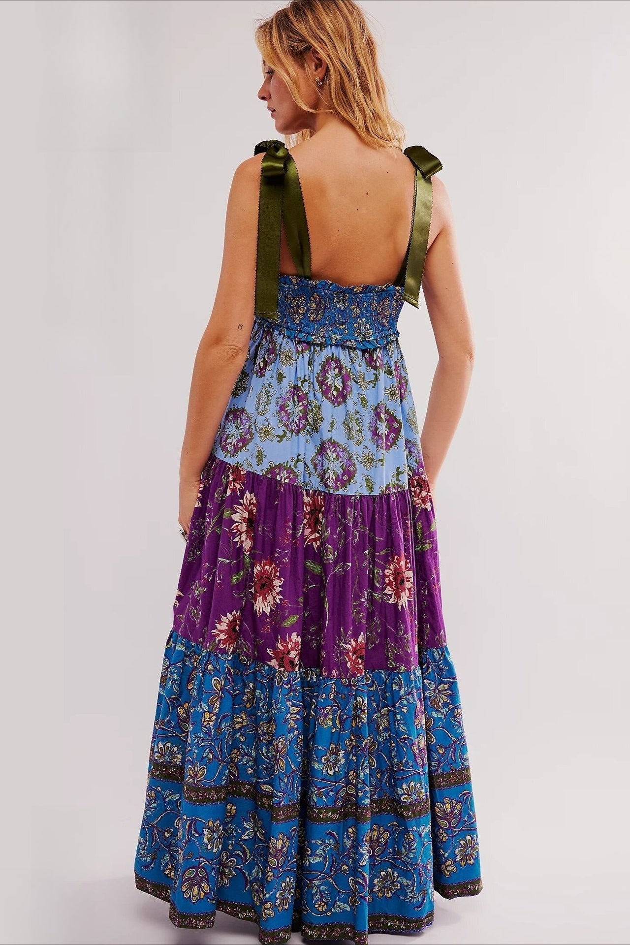 Smocked V Neck Bow Shoulder Strap Mixed Floral Tiered Maxi Dress