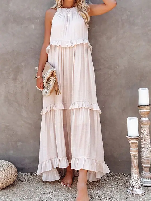 Summer Vacation Style Halter Neck Long Dresses Women Fashion Backless Leace-up Loose Ruffles Beach Dress Elegant Ladies Vestidos 26 Summer Vacation Style Halter Neck Long Dresses Women Fashion Backless Leace-up Loose Ruffles Beach Dress Elegant Ladies Vestidos