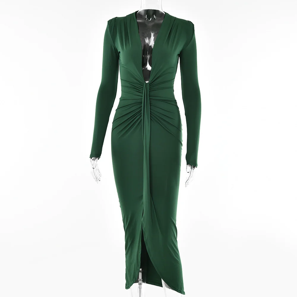 Ootddress Elegant Deep V Neck Full Sleeve Long Dress For Women Robe Fashion Autumn New Irregular Ruched Bodycon Midi Dress