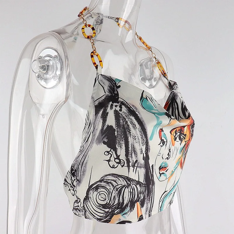 Ootddress Printed Summer Halter Neck Tops For Women Mini Tank Top Beach Party Camis Abstract Oil Painting Design Backless Top 2025