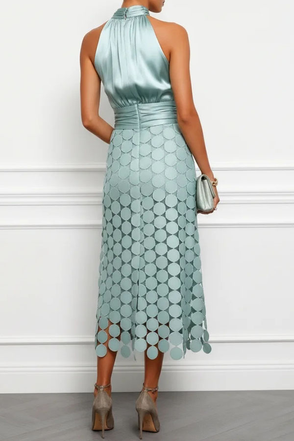 Janice Satin Ruched Halter Neck Sleeveless Embroidered Polka Dot Hem Midi Dress