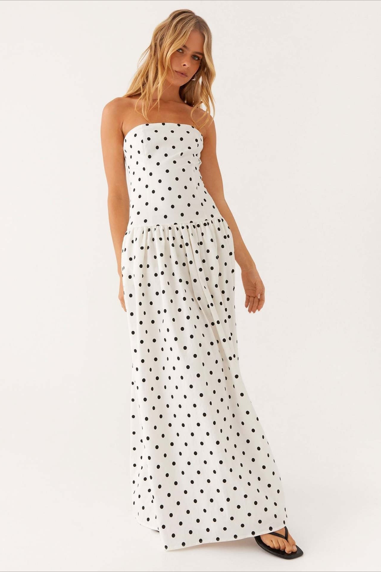 Strapless Polka Dot Dropped Waist Flowy Maxi Dress