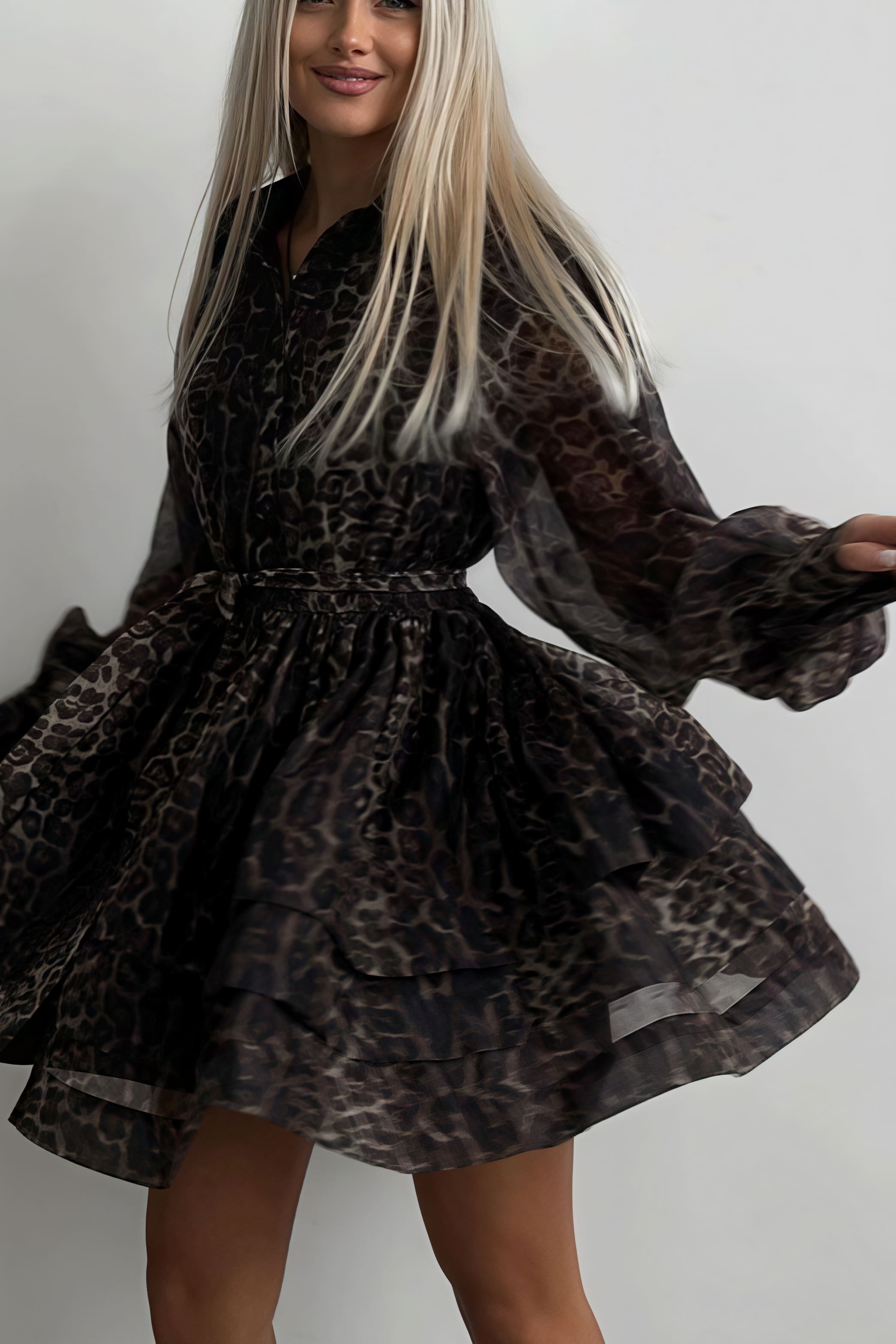 Collared Button Front Sheer Print Puff Sleeve Tiered Ruffle Mini Shirt Dress