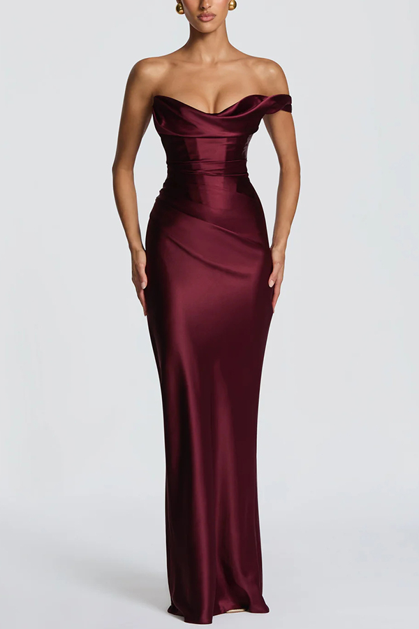 Thalassa Satin One Shoulder Scooped Neck Bias Cut Pleated Maxi Dress