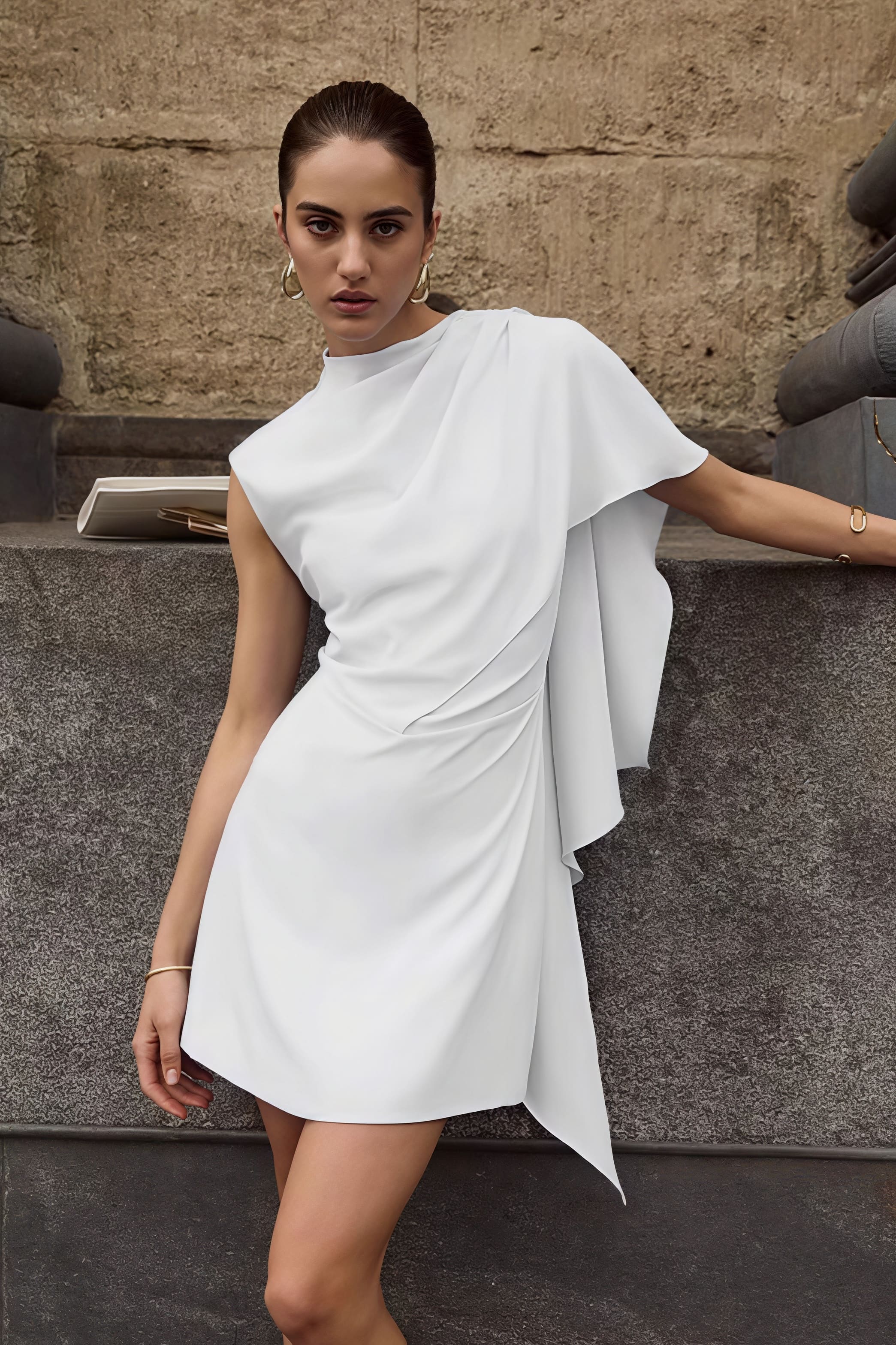 Mock Neck Asymmetric Draped Cape Panel Mini Dress