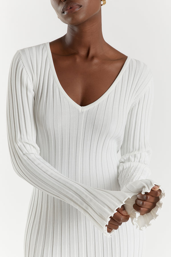 Rib Knit Deep V-Neck Long Sleeve Lettuce Hem Column Maxi Dress