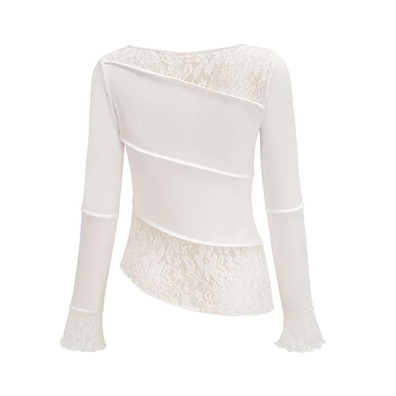 Ootddress Lace Patchwork See-Through Crop top For Women Fashion Sexy Long Sleeve Slim Patchwork Cropped Y2k Top Female Clothes Tee